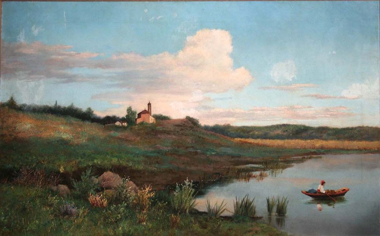 A FIGURE BOATING WITH A LANDSCAPE AND CHURCH BEYOND by Continental School