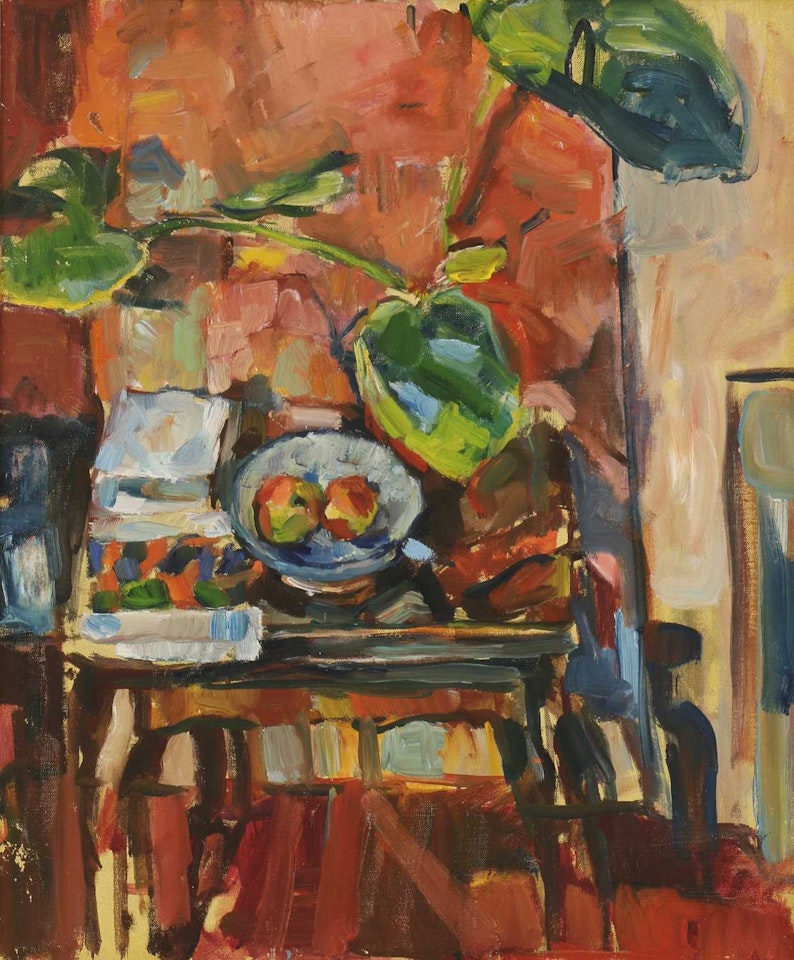 Fruit, books and a plant on a table by English School