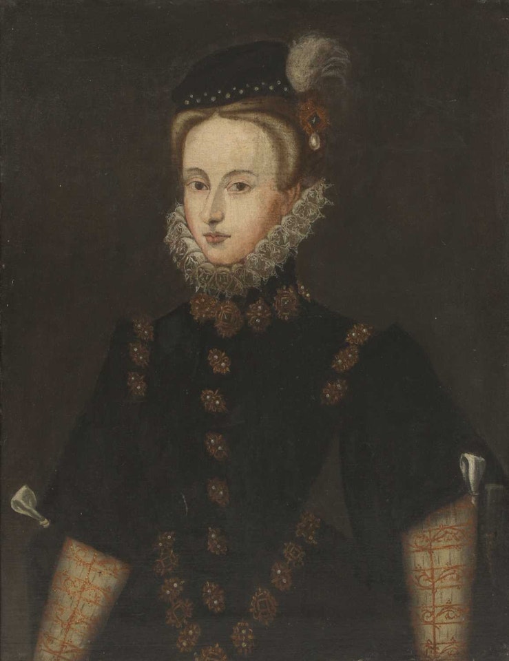 Portrait of a lady, half-length, in a black dress with pearl and jewel detail by English School
