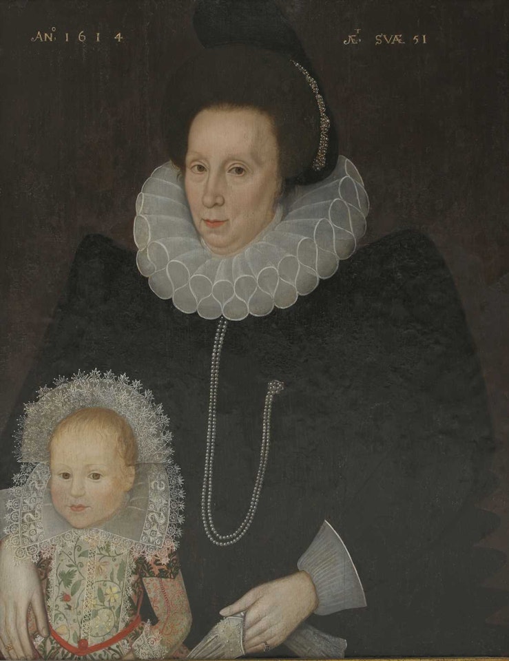 Portrait of a lady, said to be Lady Frances James (1563-1648), daughter of Martin James of Smarden, Kent, married to Sir Thomas Roberts of Glassenbury Place, Cranbrook, Kent, aged 51, together with a young child, half-length, she in a black dress, jewelled headdress, white ruff and pearls, holding gloves, the child in an embroidered dress and elaborate lace headdress by English School