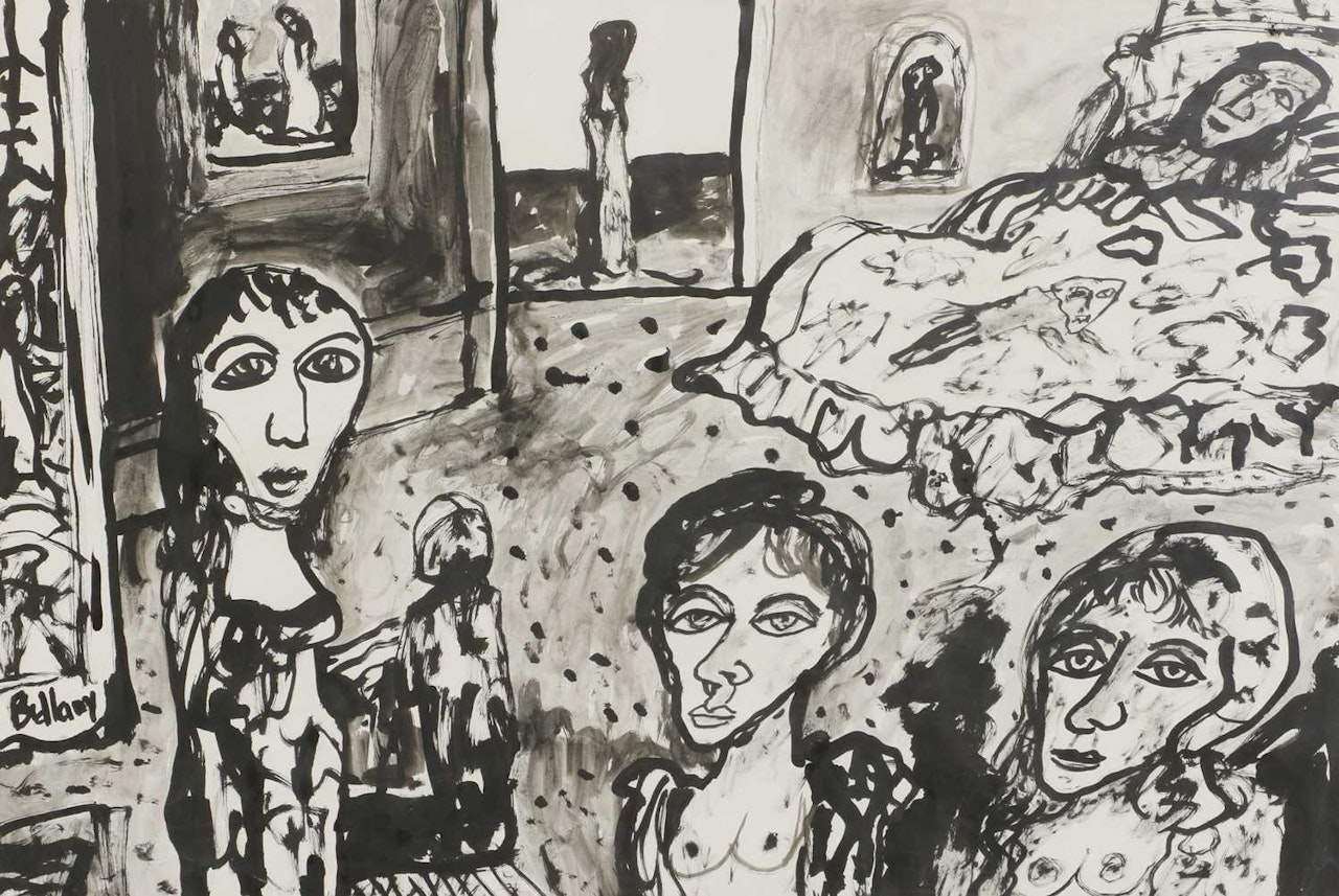 Figures with Edvard Munch paintings behind by John Bellany