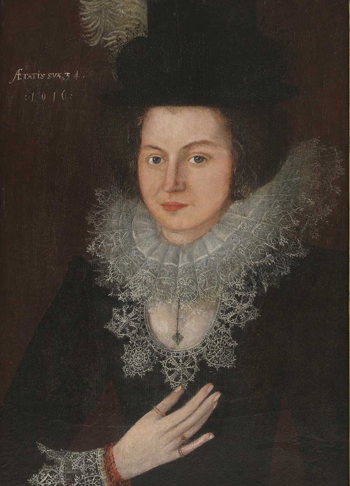 Portrait of a lady, half-length, in a black lace-trimmed dress with a feathered hat by English School