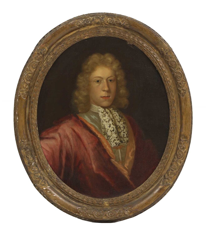 Portrait of a young gentleman, half-length, in a white lace stock and red mantle by English School