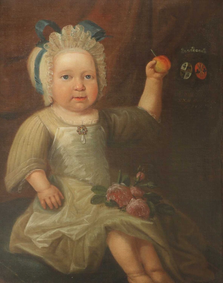 Portrait of an infant, seated three-quarter-length in a white dress and bonnet, with roses in her lap, holding a peach by Dutch School