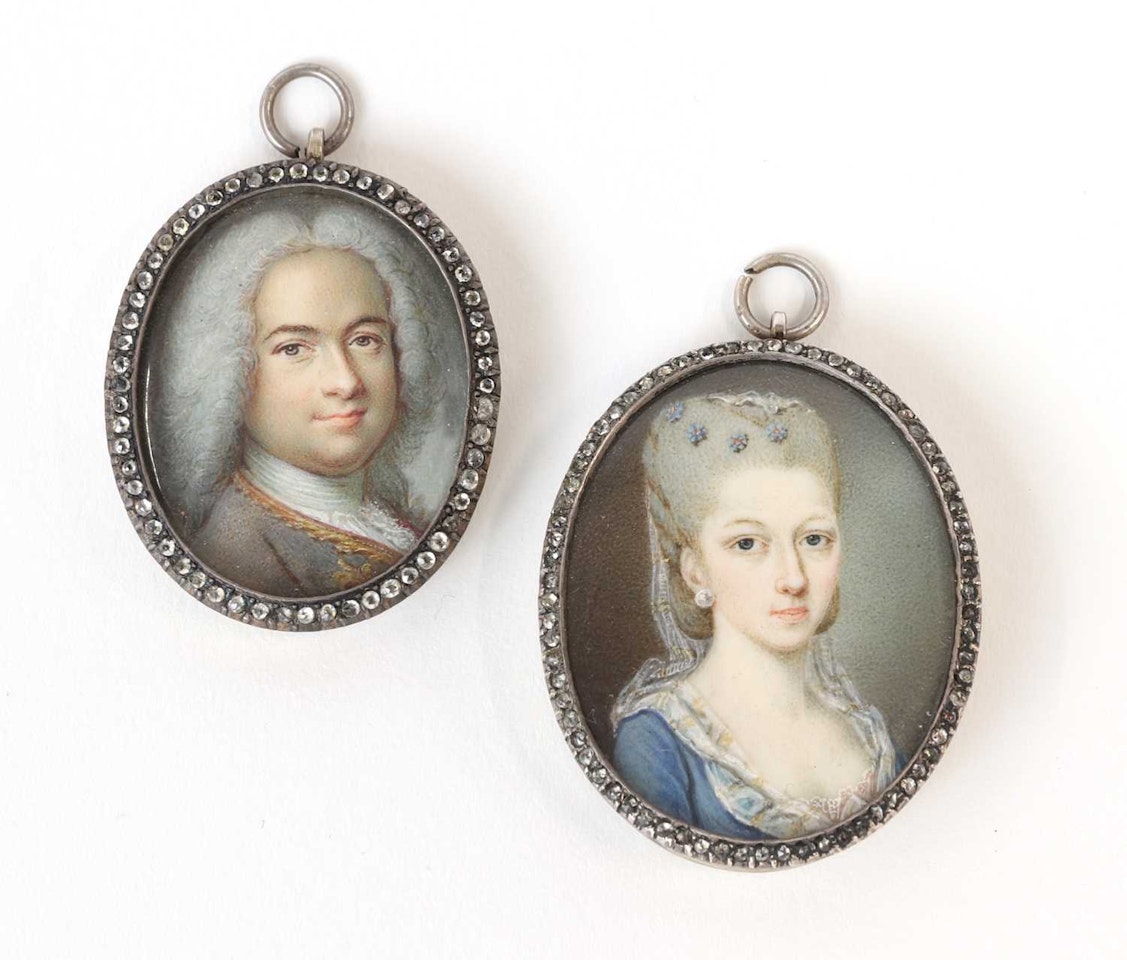 Portrait of a gentleman, bust-length, in a grey coat trimmed with gold beading; a portrait of a lady, bust-length, in a blue dress with a white veil, probably by different hands by English School