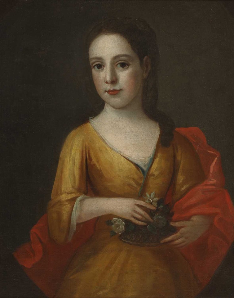Portrait of a young girl, half-length, in a gold dress and red wrap, holding a basket of flowers by English School