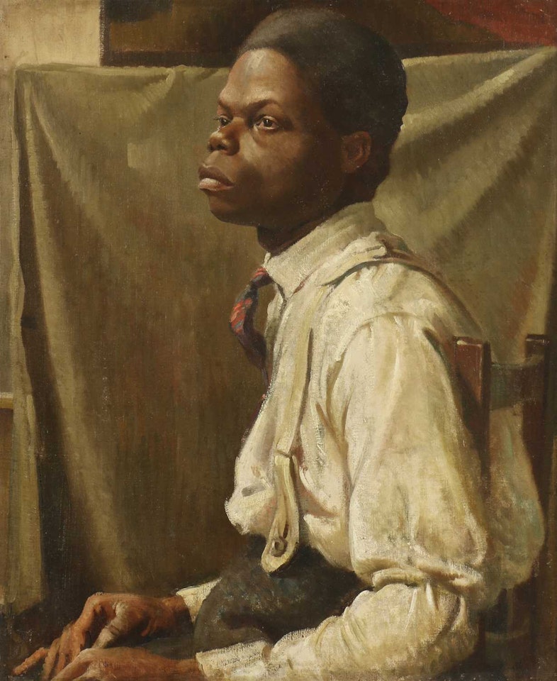 Portrait of a man, seated in a white shirt with sleeve garter and braces by English School