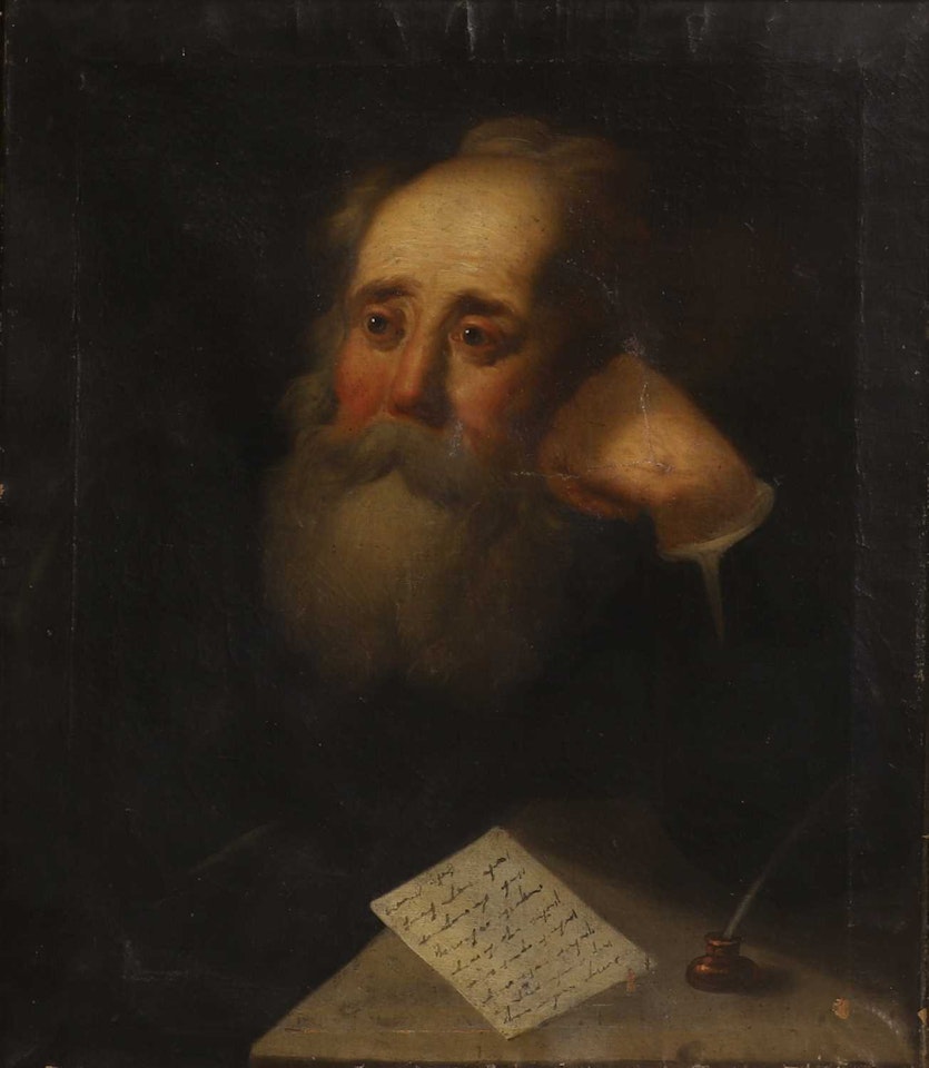 Portrait of a bearded man, half-length, seated at a writing table, with a letter and quill pen by English School