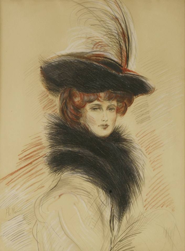 PORTRAIT OF A LADY, HALF LENGTH IN A FUR STOLE AND FEATHERED HAT by Paul César Helleu