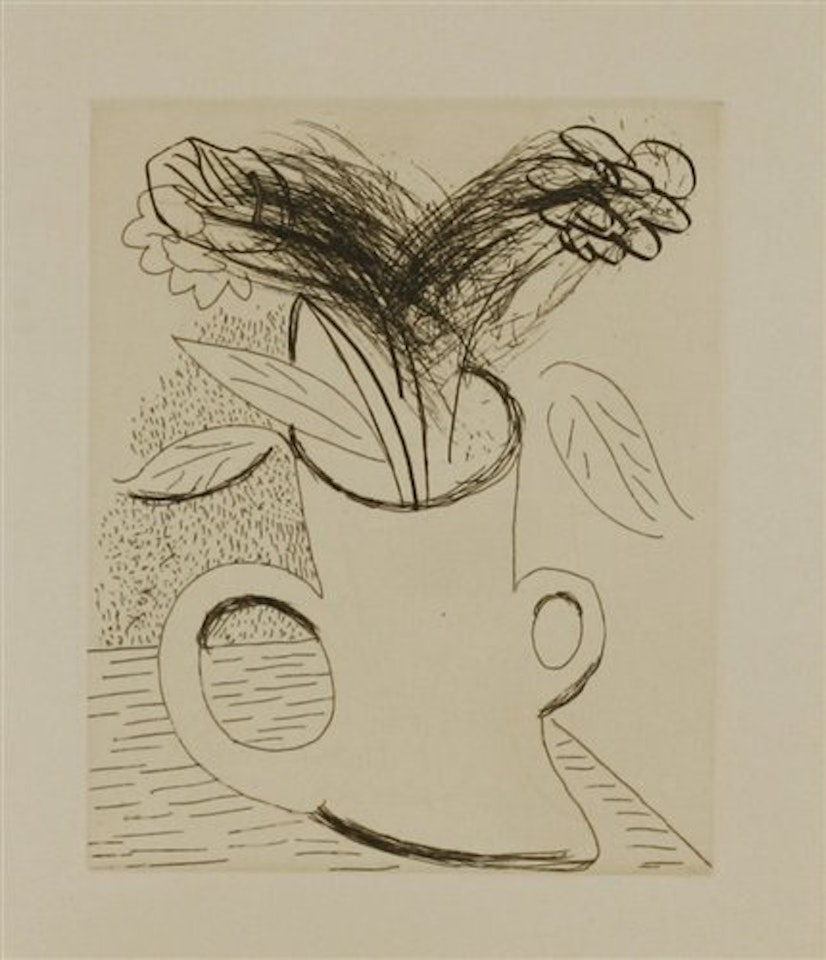 FLOWERS IN A DOUBLE HANDLED VASE by David Hockney