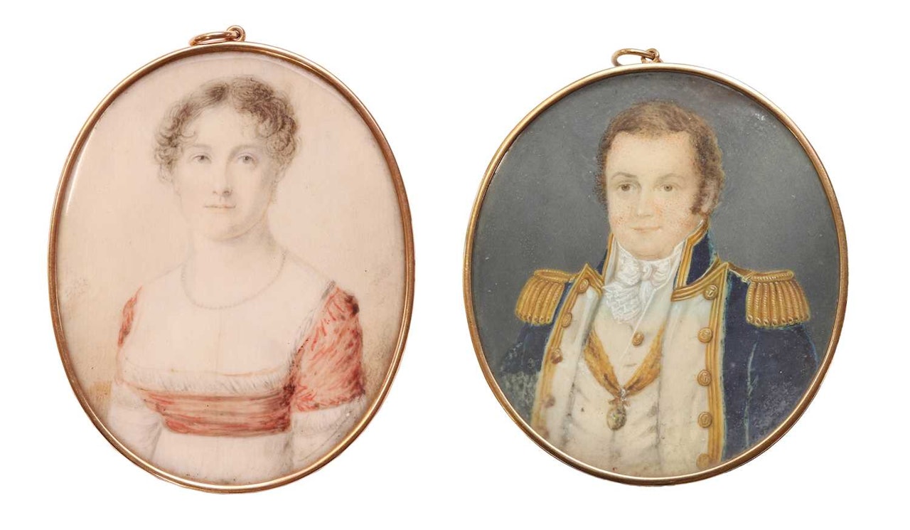 Portrait of Sir John Richardson, half-length, in naval uniform; Portrait of a lady, Miss C J Richardson, half-length, in a red and white dress by English School