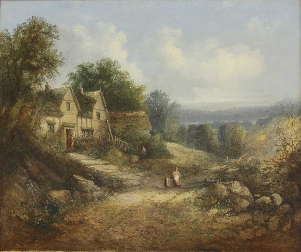 A landscape with figures by a cottage by English School