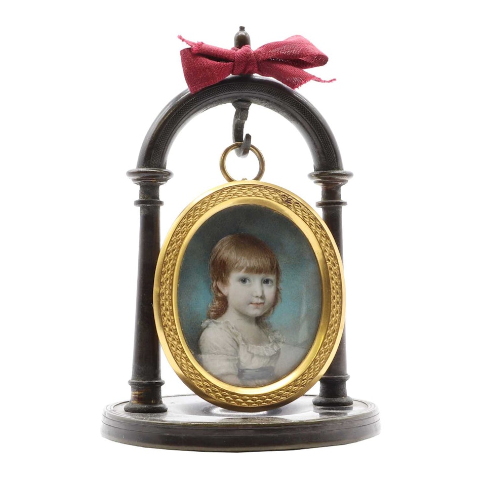 Portrait of a young girl, bust-length, in a white dress with blue sash by English School