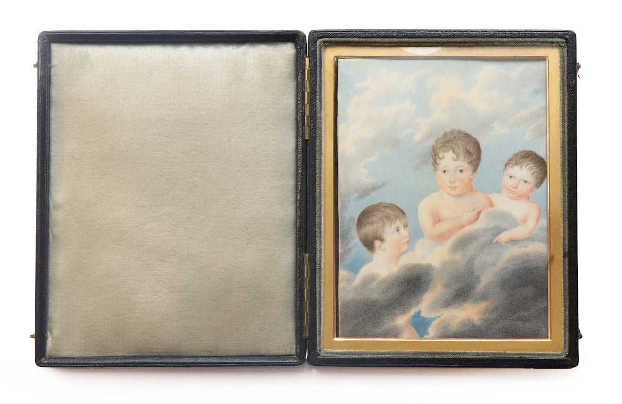 Portrait of three children among clouds by English School