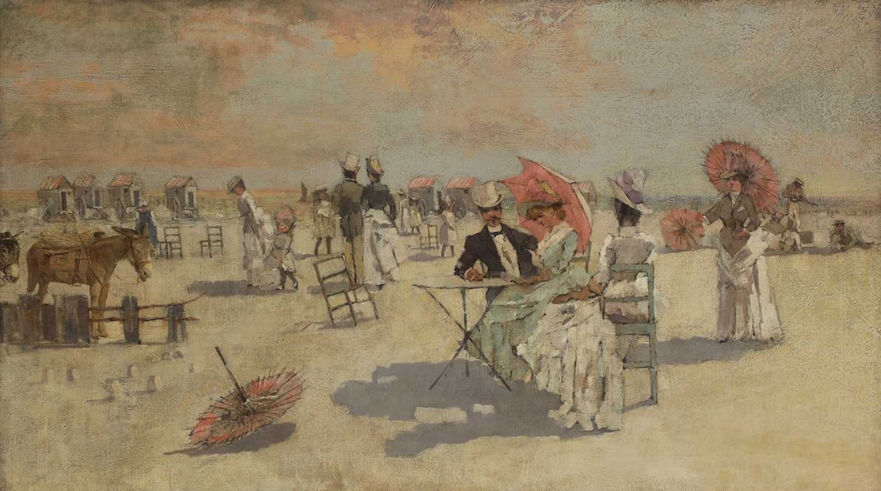 Fashionable figures with bathing machines and donkeys on a beach by French School