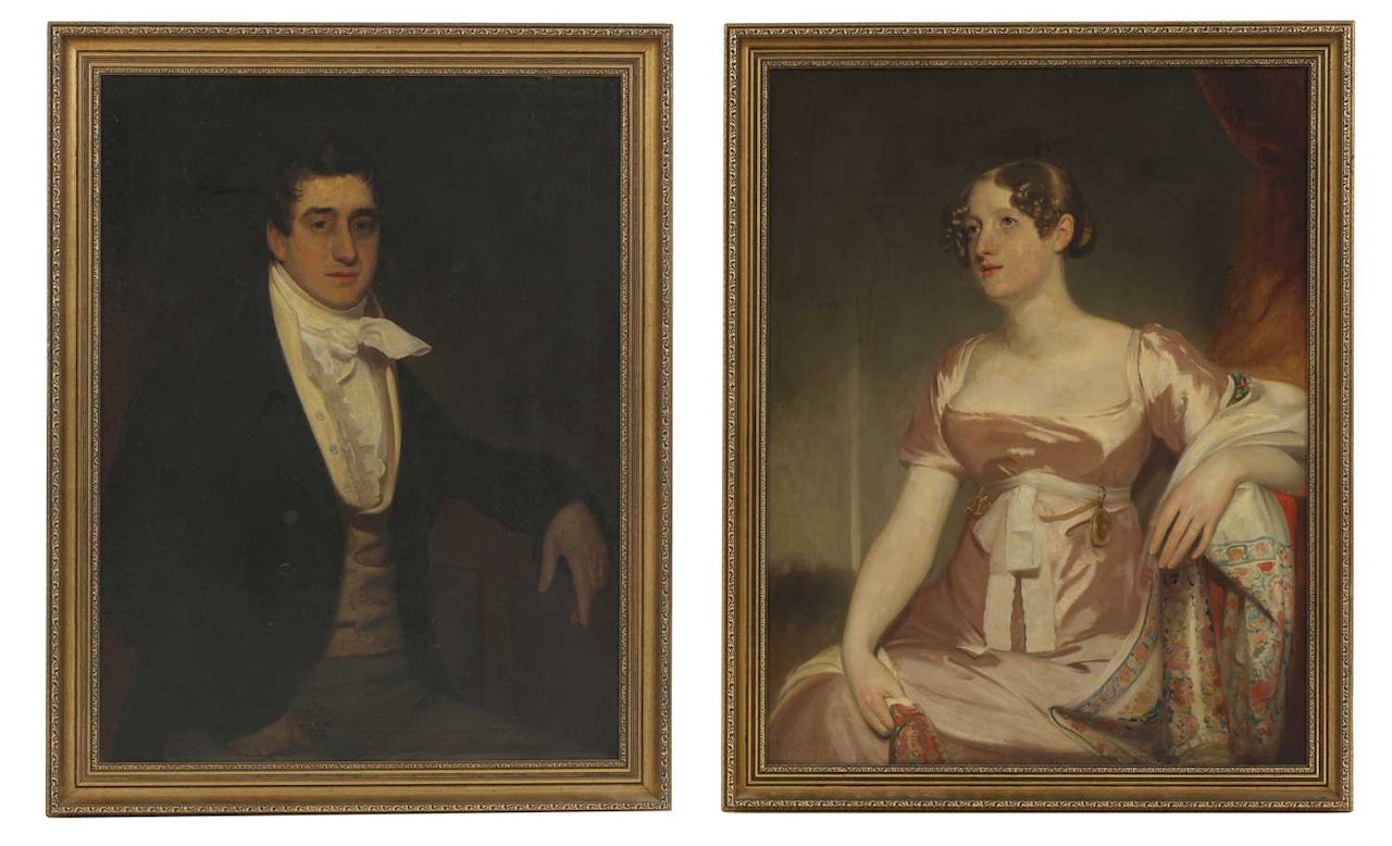 Portrait of a gentleman, seated half-length, in a black coat and yellow waistcoat; Portrait of a lady, seated half-length, in a pink satin dress and patterned silk shawl by English School