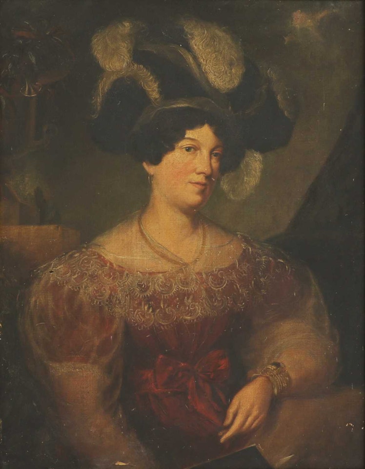 Portrait of a lady, half-length, in a red dress and feathered hat by English School