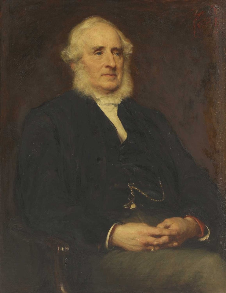 Portrait of the Rev. Canon Abney, seated three-quarter-length, in a black coat and waistcoat by English School