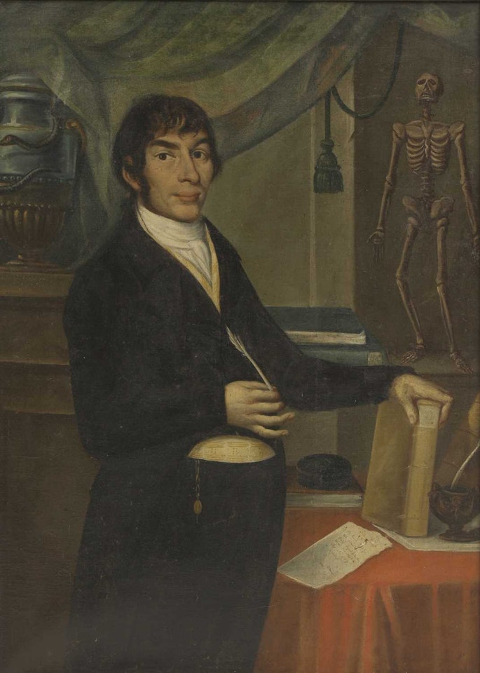 Portrait of a scientist in his study, three-quarter-length, holding a quill in one hand, a book in the other by Continental School
