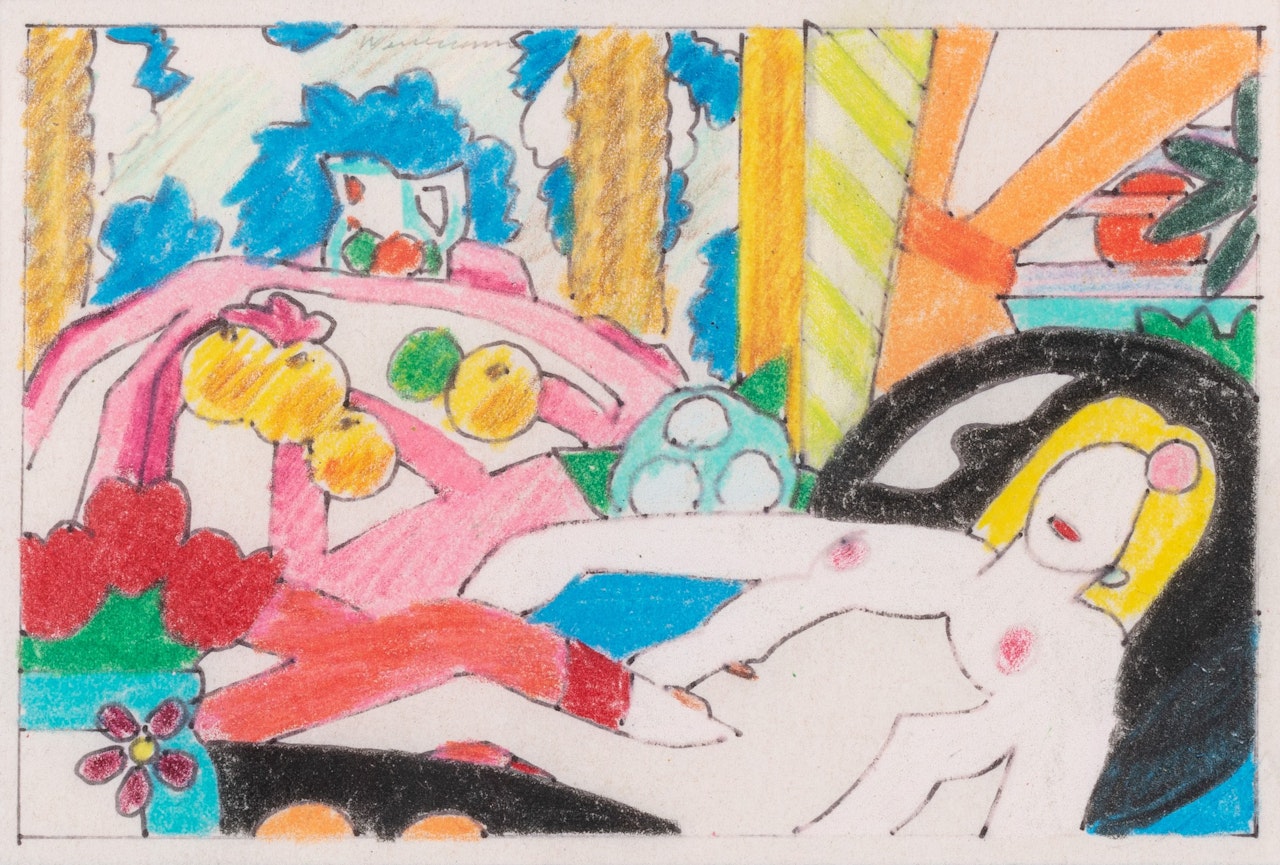 Study for Sunset Nude, with Matisse apples on pink tablecloth by Tom Wesselmann