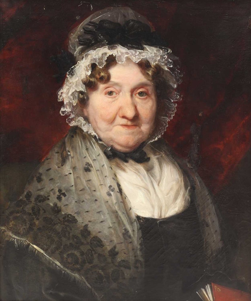 Portrait of a lady, bust-length in a black dress, with lace bonnet and shawl by English School