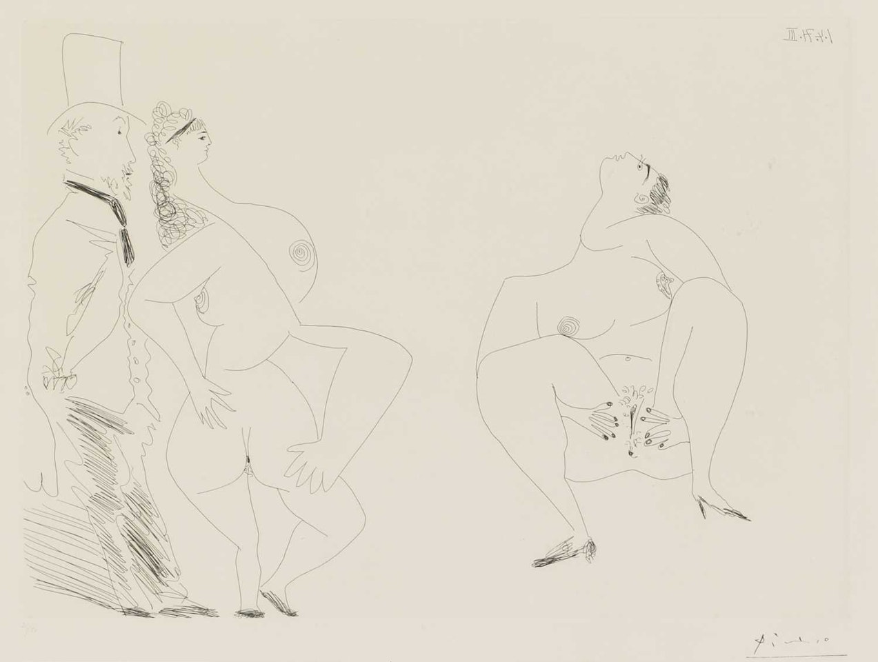 "Degas in Top Hat Viewing Two Nudes" (Bloch 1961) by Pablo Picasso