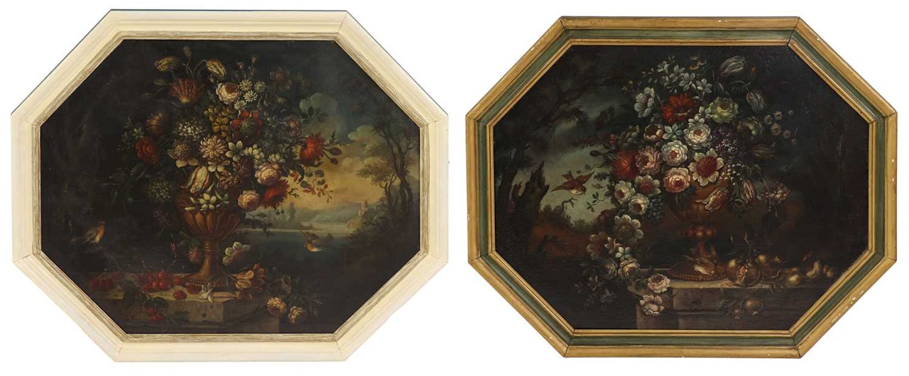 Still lifes of vases of flowers and fruit on a stone ledge, with birds by Italian School