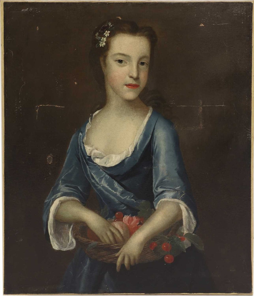 Portrait of a young lady, three-quarter-length standing, in a blue dress and holding a basket of flowers and fruit by English School