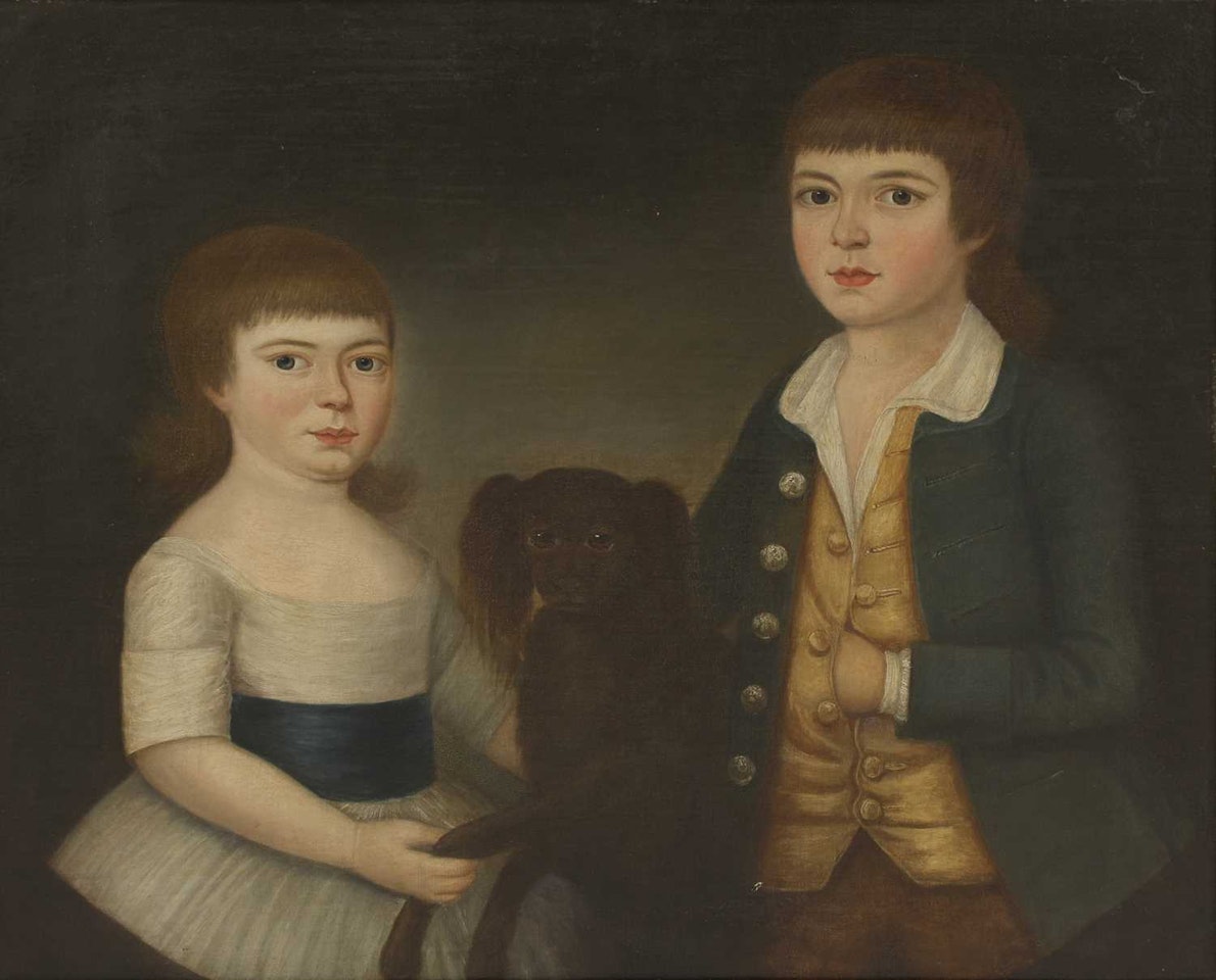 Portrait of two children with a dog by English School