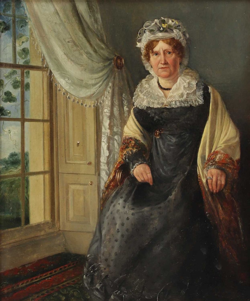 Portrait of a lady, seated full-length by a window, in a black dress, white flowery mobcap and embroidered shawl by English School