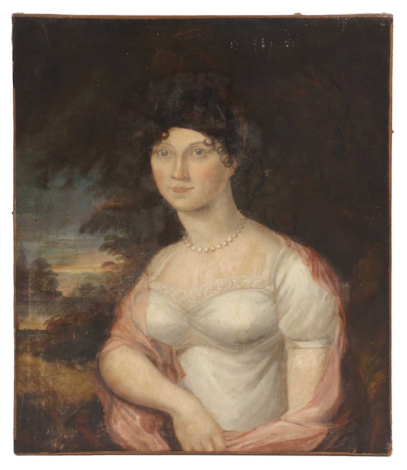 Portrait of a young lady, half-length, in a white dress and pink shawl by English School