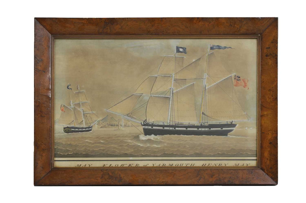 The "May Flower" of Yarmouth, captain Henry May, in two positions off the coast by English School