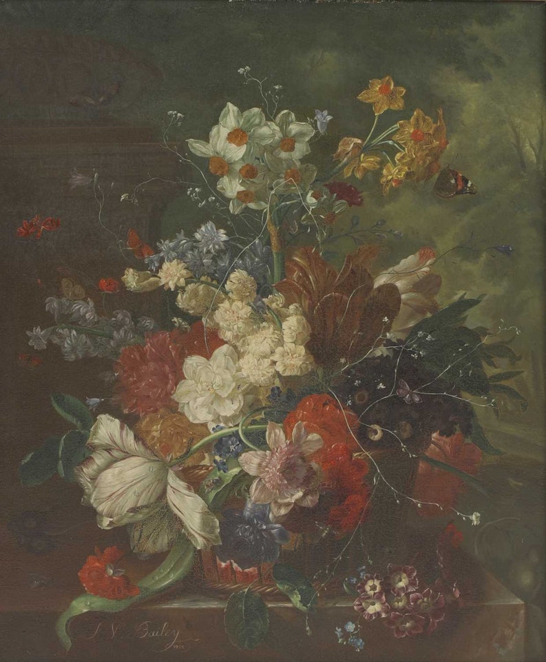 Still life of a basket of flowers on a stone ledge by Frederick Victor Bailey