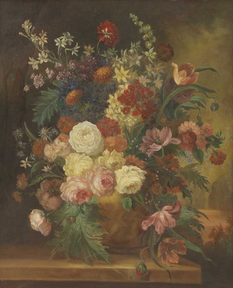 Still life of flowers in a vase on a stone ledge by Continental School