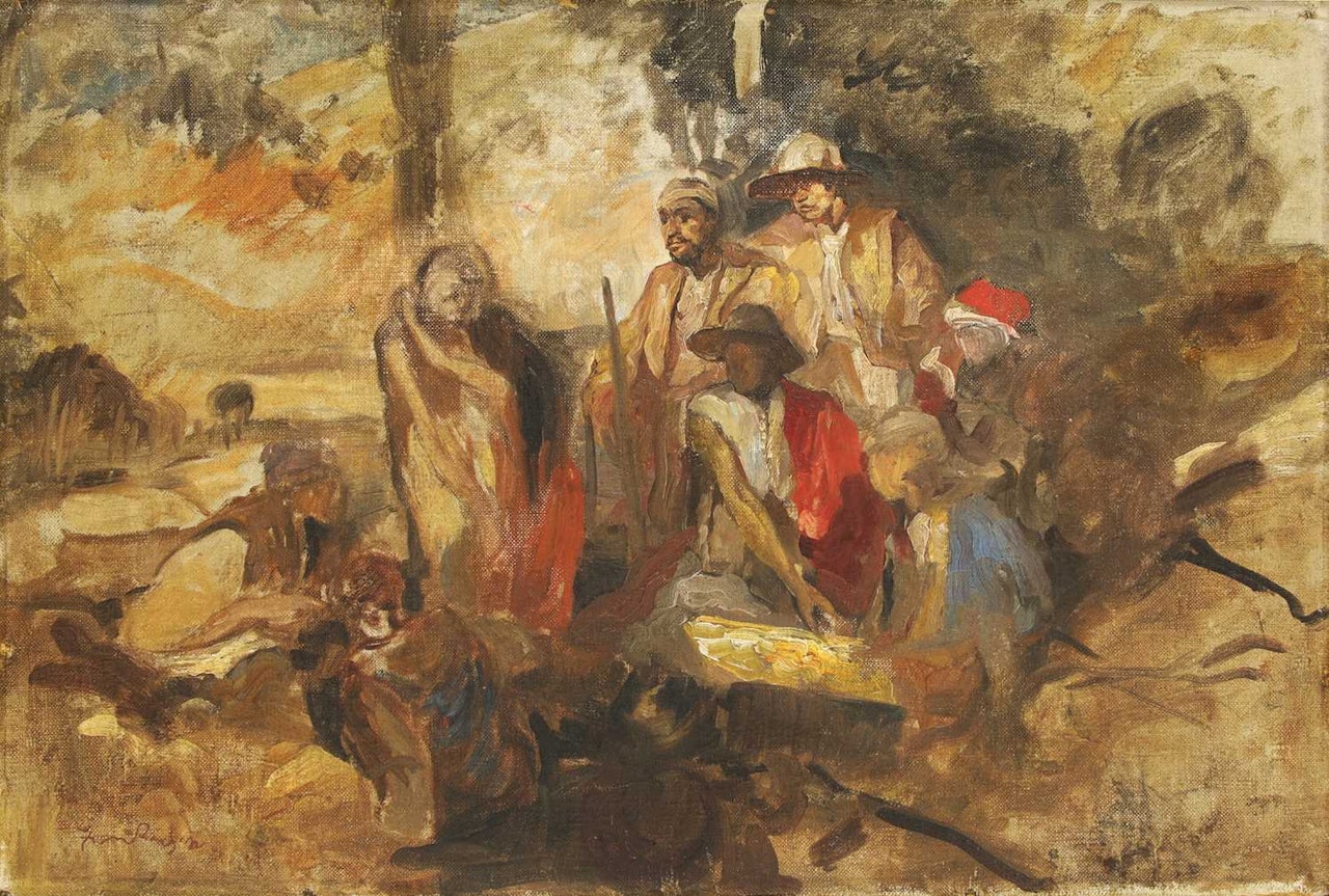 Eastern figures round the fire by Sir Frank Brangwyn