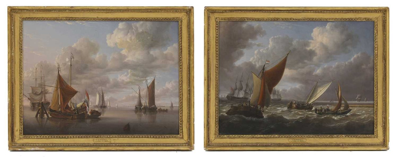 Fishing boats and other ships off the coast in choppy waters; Dutch fishing boats in calm waters by Charles Martin Powell