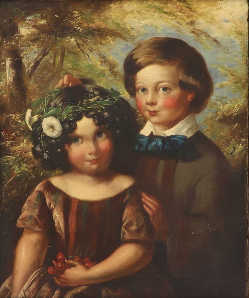 Portrait of a young boy and girl in a wooded landscape by English School