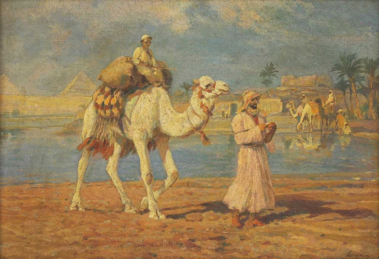Camels and figures by the Nile, Gizah by Continental School