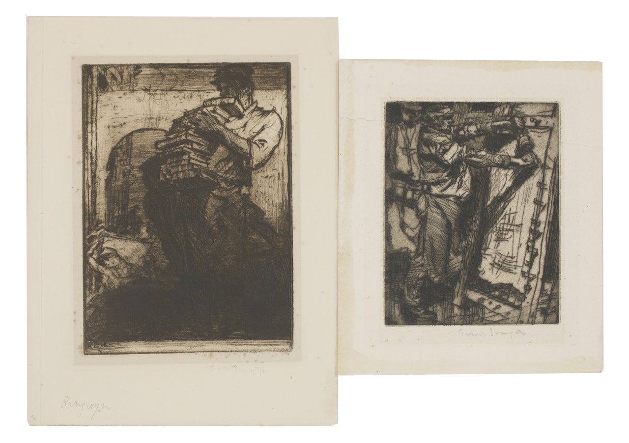 A male figure carrying books by Sir Frank Brangwyn