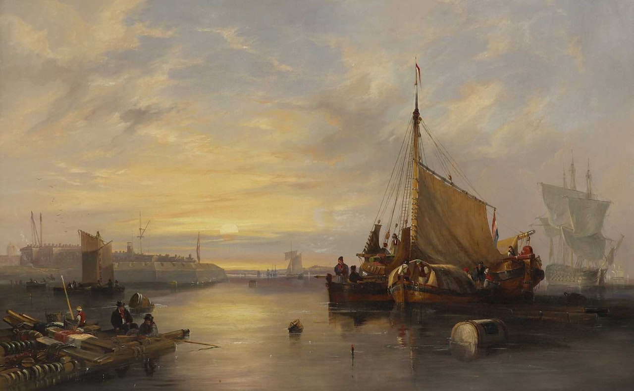 Shipping off a fortified town at sunset, possibly Sheerness by John Wilson Carmichael