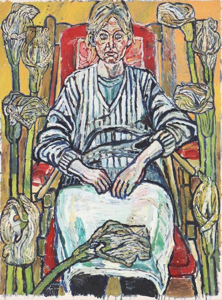 A woman seated in a red armchair by John Bratby