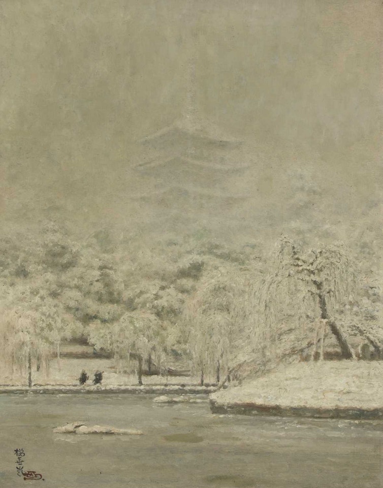 JAPANESE SNOW SCENE WITH PAGODAS IN THE DISTANCE by Continental School
