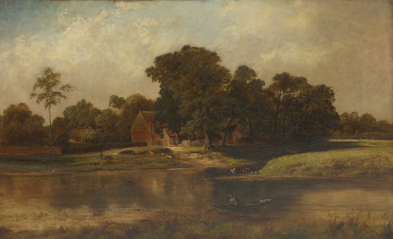 A river landscape with a figure in a punt, cattle watering beyond by English School