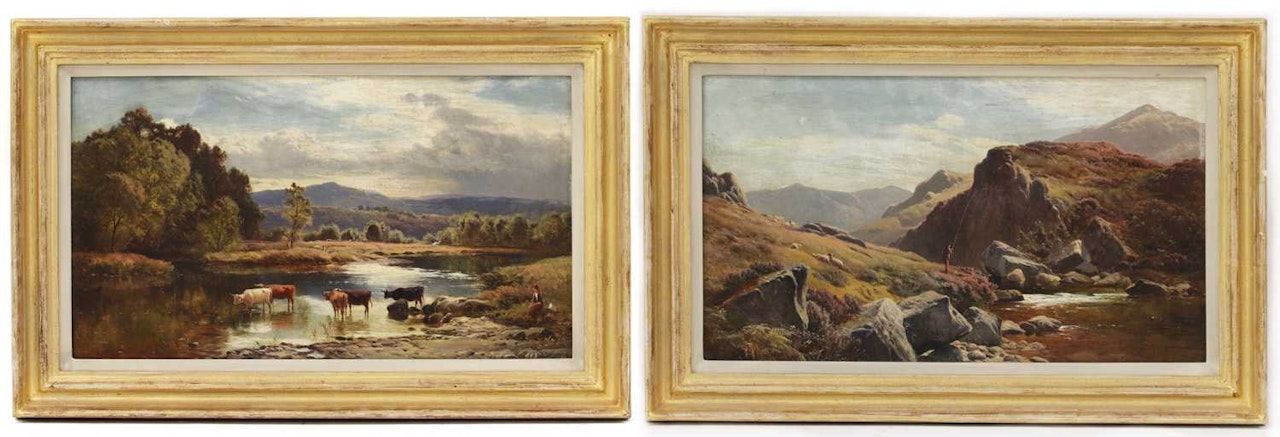 A mountainous river landscape with an angler; A river landscape with cattle watering, a figure resting in the foreground by Sidney Richard Percy