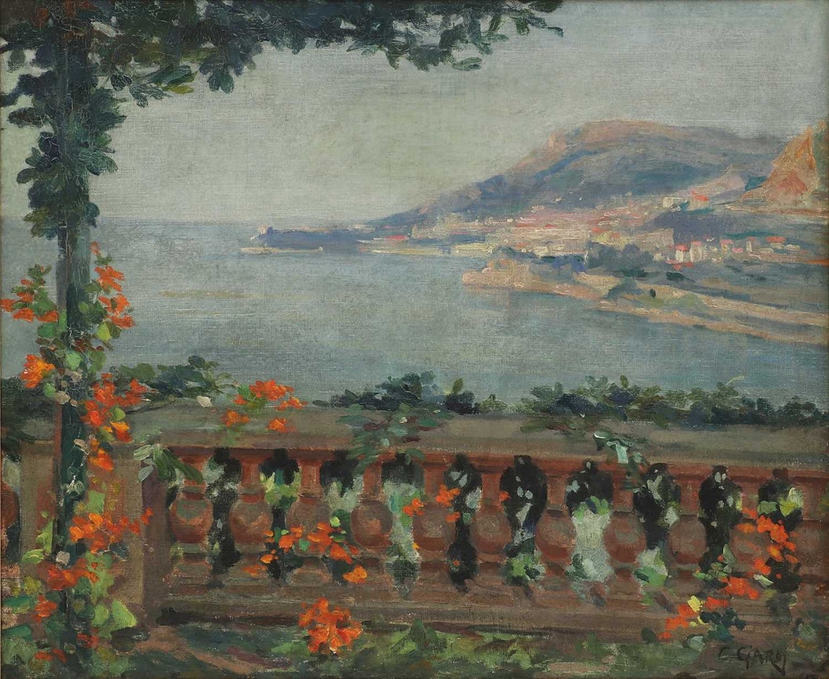 A flower-covered balcony overlooking the sea by Guglielmo Ciardi