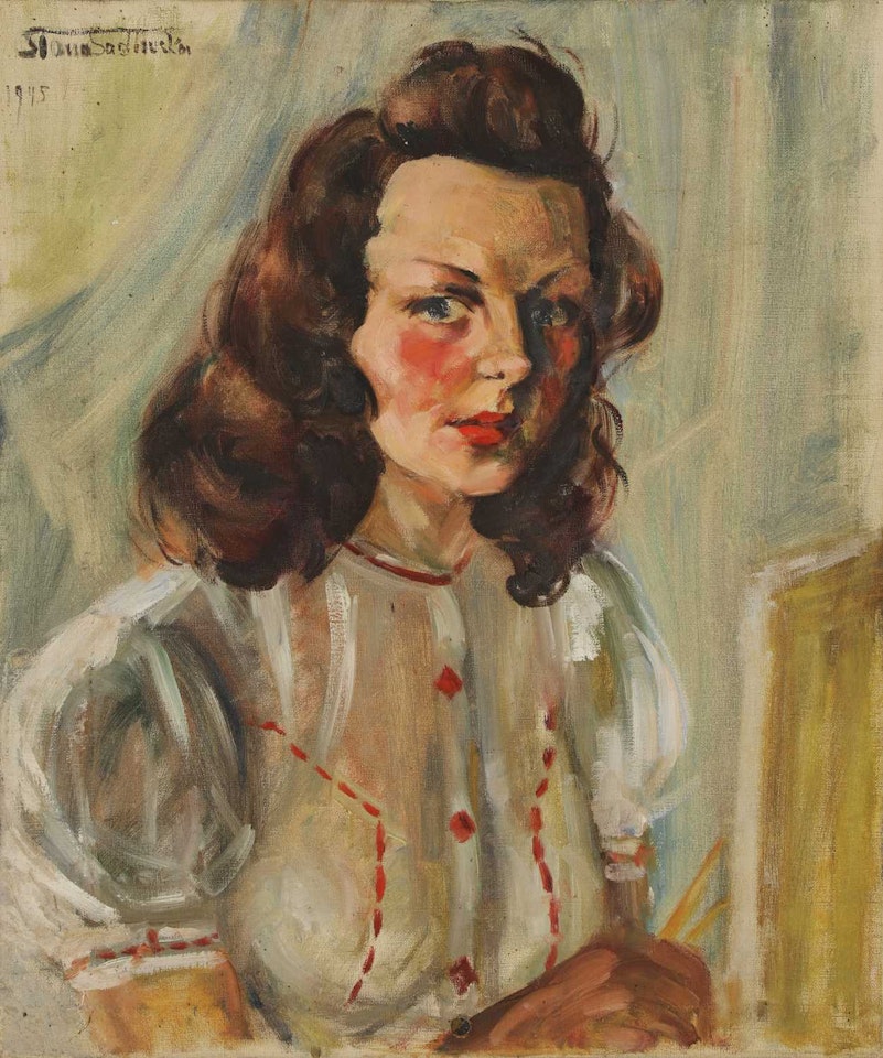 Portrait of a woman, bust length in a white and red blouse by Russian School