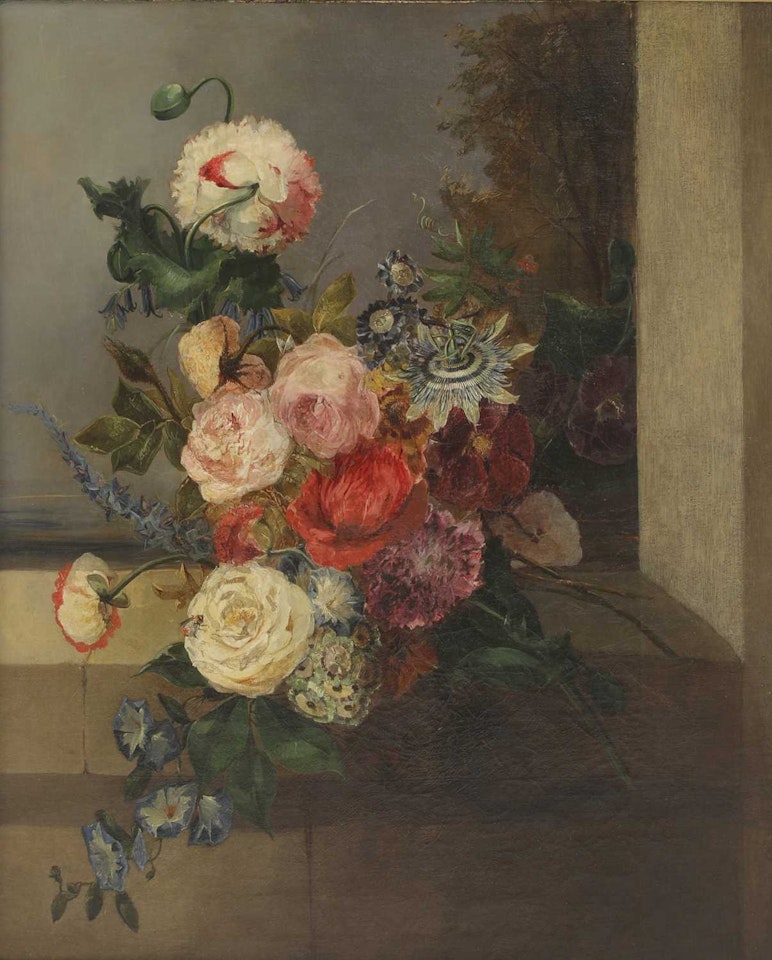 Roses, poppies, sweet william, passion flowers and morning glory on a stone window ledge, a landscape beyond by English School