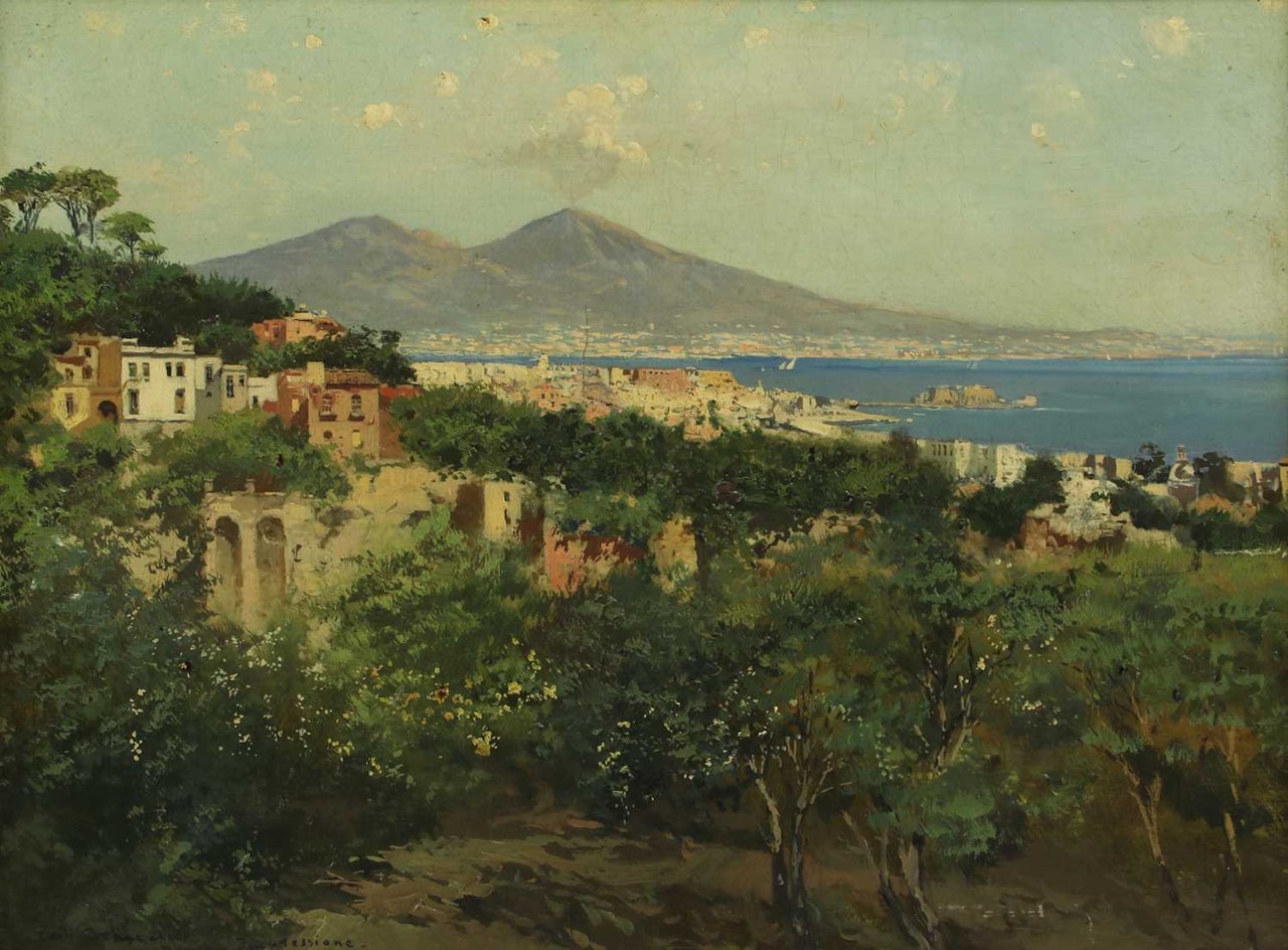 A view of the Bay of Naples with Mount Vesuvius in the distance by Carlo Brancaccio