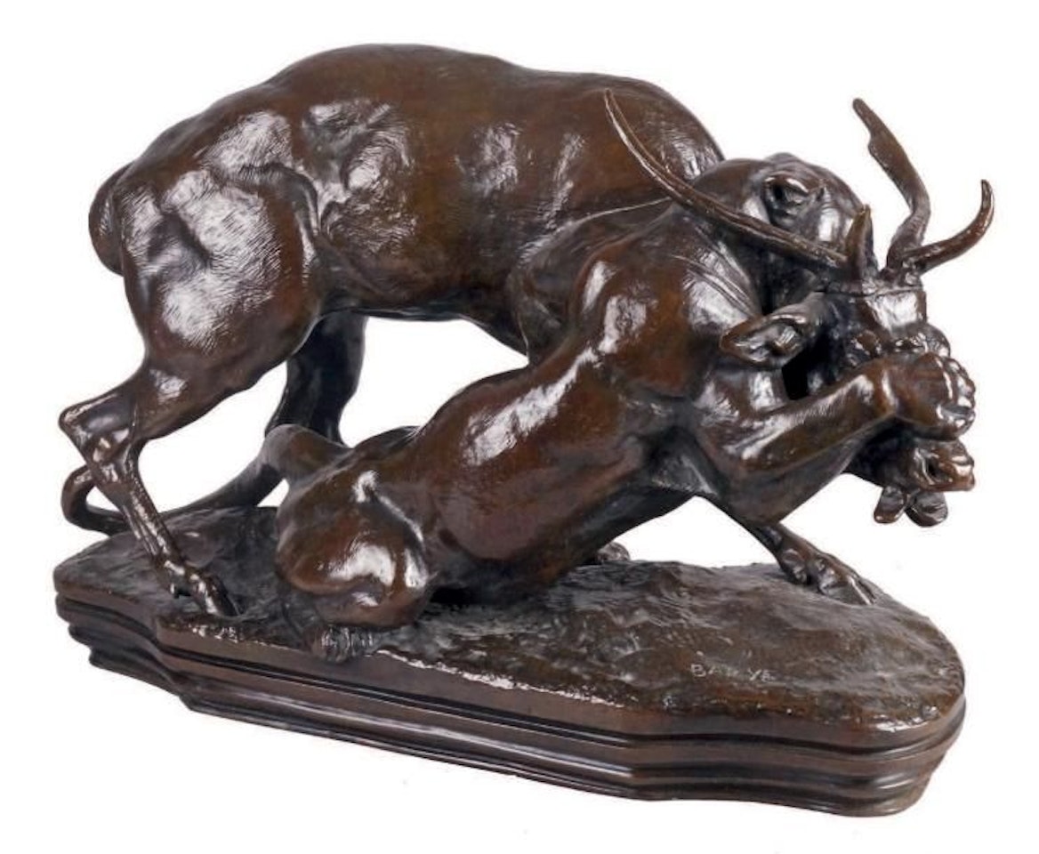 PANTHER GRABBING A DEER; (terrace with profile) by Antoine-Louis Barye