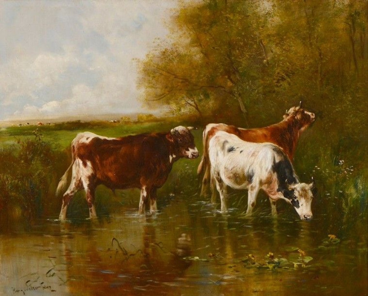 Vaches à l"étang by French School